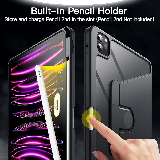 JETech Rotating Case Cover for iPad Pro 11 4/3 Black | For 2022/2021 Model 360° Rotation Stand Clear Back Design Auto Wake/Sleep Pencil Holder Full Protection