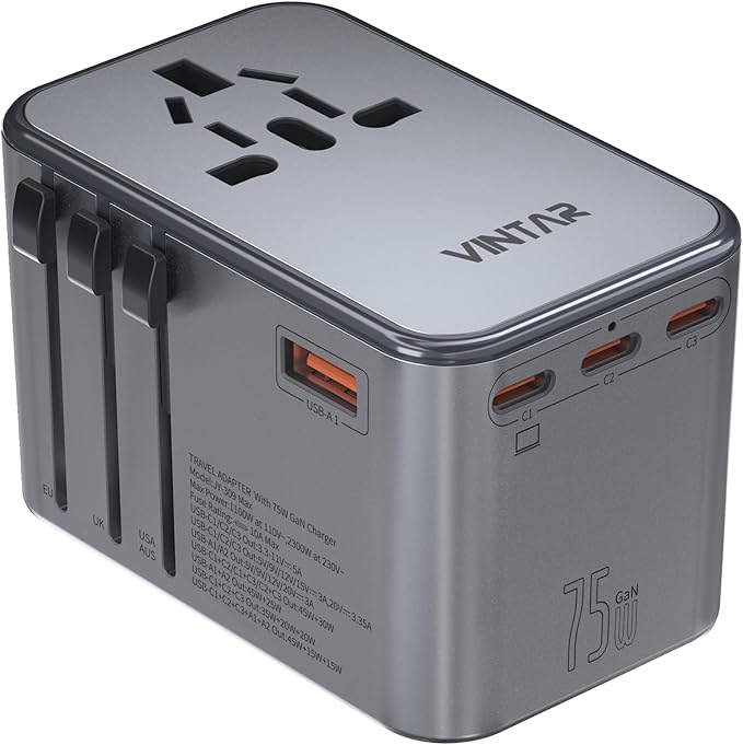Universal Travel Adapter, VINTAR 75W GaN International Power Adapter with 3 USB C PD and 2 USB A QC, All in One Travel Essentials for UK/EU/USA/AUS, Travel Adapter Worldwide for Laptops Phones, Grey
