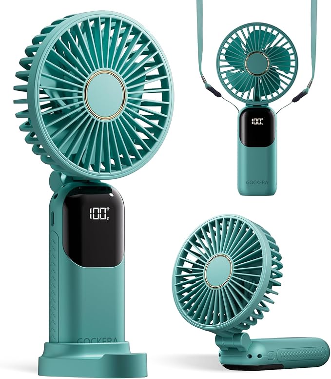 GOCKERA Portable Fan, 4200mAh Battery Operated Fan, 5 Speeds&Digital Display, Makeup Fans for Women with Base, 180°Foldable 3in1 Handheld/Neck/Desk Fan for Outdoor Indoor,Ultra Quiet (Green)