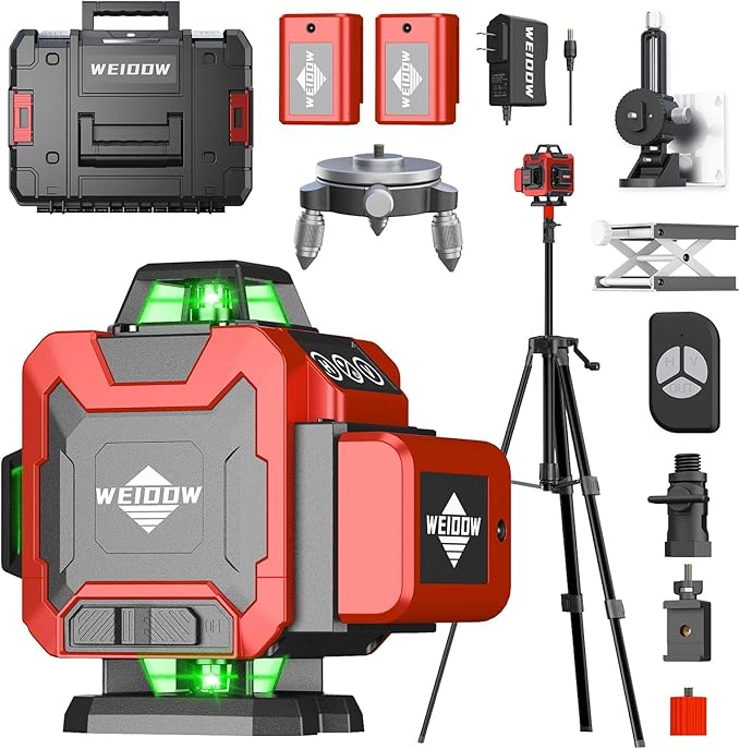 Weiddw 16 Lines Self-Leveling Laser Level with Tripod, 4x360°4D Green Cross Line Vertical & Horizontal Laser for Construction,Home Renovation,Remote Controller&Durable Case（＜1mw）