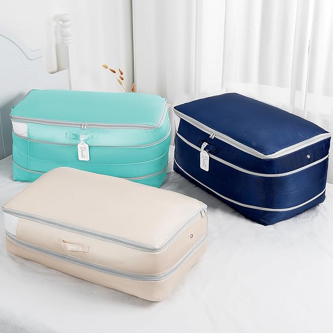 Comforter Storage Bag - Large Capacity Bedding Storage Bags Ultra Space Saving Self Compression Organizer, Washable Compression Bags for Storage Comforter Blanket Duvet Pillow, 4-Pack, Beige