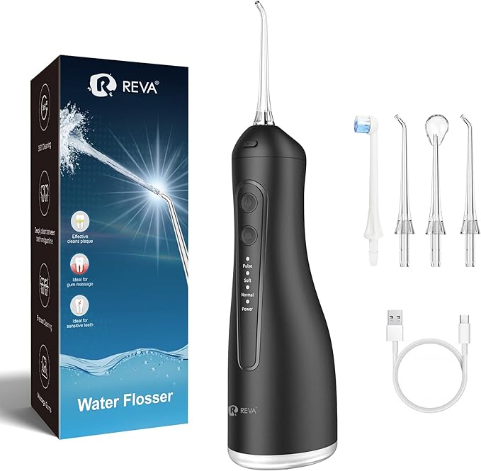 R REVA Portable Water Flosser for Teeth - 4 Modes Cordless Oral Irrigator with 300ML Tank, 360° Rotating Nozzle, 4 Jet Tips, Rechargeable, IPX7 Waterproof, Low Noise Gravity Ball Design (M159 - Black)