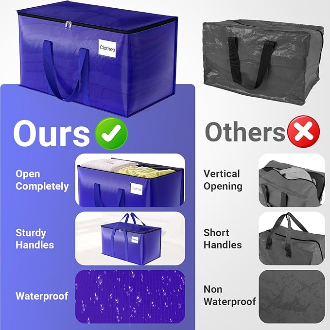 FabSpace Moving Storage Bags, Moving Supplies Packing Boxes for Moving, Camping, College Dorm Room Essentials for Girls, Blue Tote Bags, Heavy-Duty Storage Bins With Lids And Zippers, 93L 4 Pack
