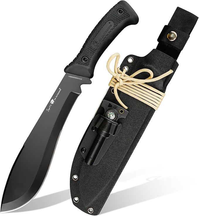 HX Outdoors 14 Inch Bush Machete Kukri Knife, Premium D2 Steel Full Tang Gardening Machete Knife with Kydex Sheath for Outdoor, Camping, Clearing Brush (Black)