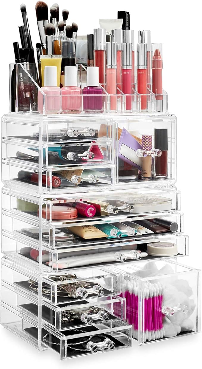 Casafield Acrylic Cosmetic Makeup Organizer & Jewelry Storage Display Case - Large 16 Slot, 2 Box & 9 Drawer Set - Clear