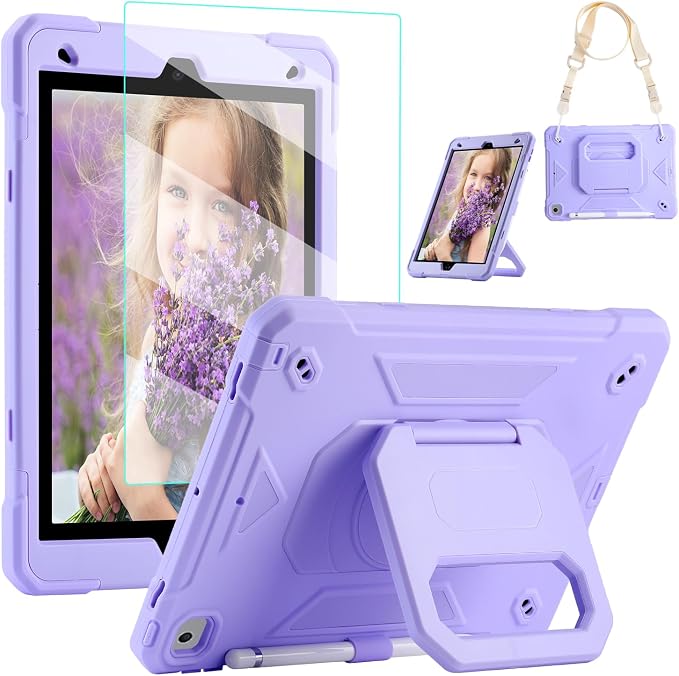 for iPad 9th/8th/7th Generation Case iPad 10.2 Case 2021/2020/2019 Rugged Heavy Duty Shockproof Protective Kids Case with Screen Protector/360° Rotating Folding Stand/Pencil Holder/Shoulder Strap