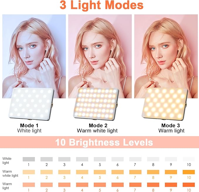 TONEOF Portable Selfie Light,Rechargable 60 LED PhoneLight with Clip & Double 1/4" Screw Hole,2500k-9000K Dimmable for iPhone,Android,Laptop,Tablet,Selfie/Video Conference