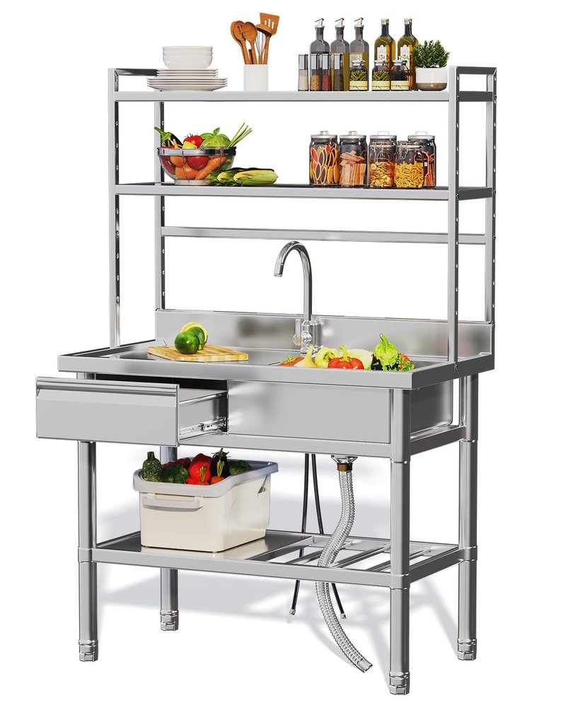 JFHID Stainless Steel Utility Sink with Shelves, Free Standing Single Bowl Commercial Kitchen Sinks with Drawer & Water Pipes, Stainless Steel Prep Table Countertop Workbench for Home Restaurant
