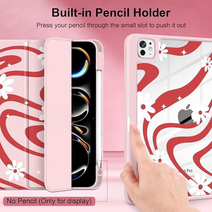 DONGKE for iPad Pro 11-Inch Case (M5 2025 / M4 2024) 6th/5th Generation [Auto Sleep/Wake &amp Pencil Pro Holder] Clear Acrylic Back Smart Trifold Stand Cover Bear &amp Cherry