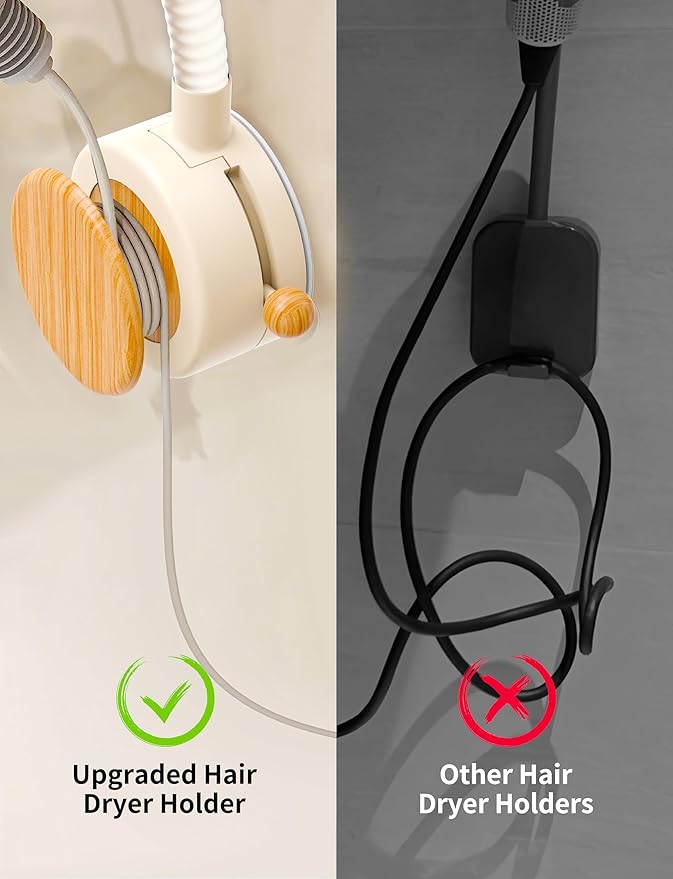 Hands Free Hair Dryer Holder Wall Mounted with Suction Cup, No Drill Installation for Damage-Free Walls, 360° Adjustable Blow Dryer Holder Fits Most Hair Dryers for Bathroom Organization 1Pack(Cream)