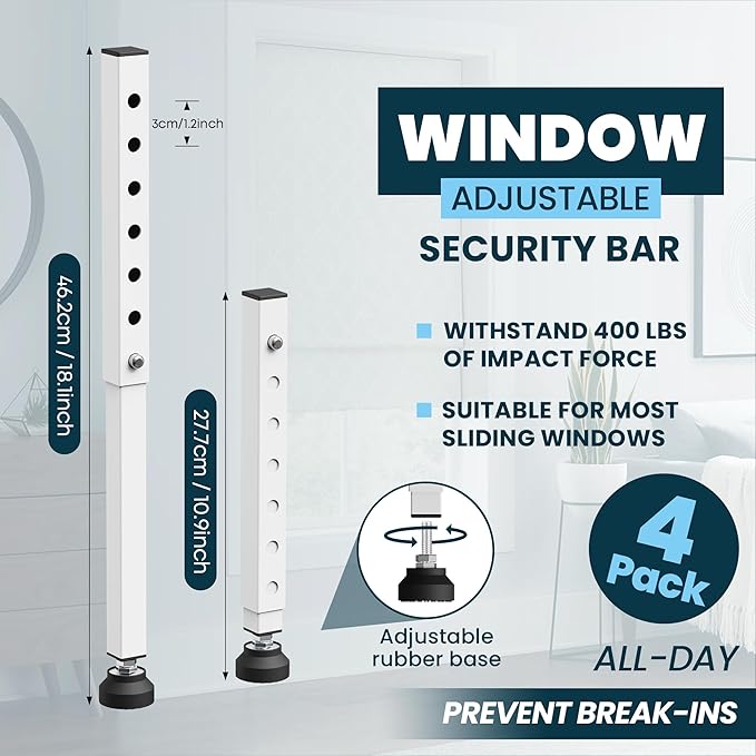 Gadgetzan 4 Pack Window Security Bars Adjustable 11"-18",Portable Short Sliding Window Lock Bar for Child Safety/Anti-Theft,Window safety lock with Rubber Base for Vertical and Horizontal Window-White