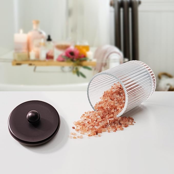SheeChung 4-Pack Bronze Ribbed Glass Qtip Holder - Apothecary Jars Bathroom Organizer Set with Lids - Vanity Storage Canisters for Cotton Balls, Pads, Swabs, Floss Picks - Modern Farmhouse