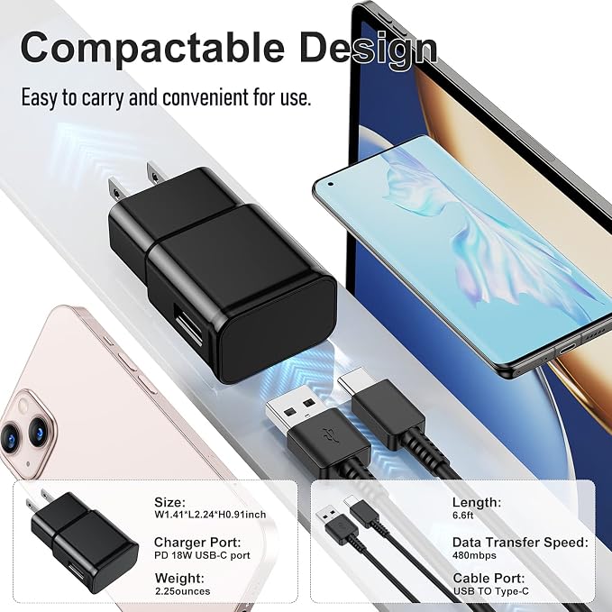 Samsung Galaxy S10/S9/S8 2 Pack Adaptive Charger with USB-C Cable 6FT Black | USB Type-C fast charging cables for Galaxy S10e/S20/S21/Note 8/9/10/20/A70/A50/A51/A52/A42/A32/A13/A12 Ultra Plus 6FT Bla