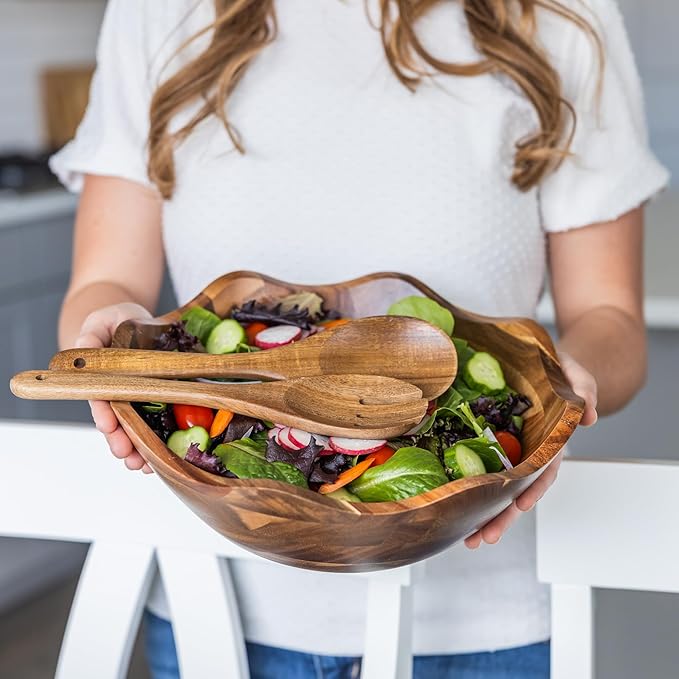 Wood Salad Bowl with Serving Utensils - Large Scalloped Decorative 12" Acacia Wooden Mixing Bowls Set with Spoons - Handcrafted Farmhouse Kitchen Serveware for Fruit, Pasta, Snacks and Home Decor
