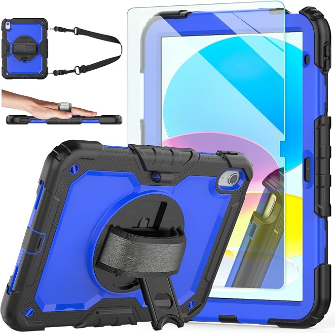 Ambison Case for iPad (A16) 11th/10th Generation 11''/10.9'' Black | Hand Strap 9H Tempered Glass Screen Protector Rotating Stand Shoulder Strap Heavy Duty Shockproof Pencil Holder