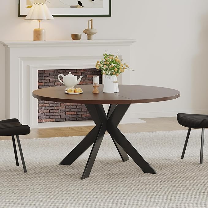 45.3" Walnut Round Dining Table Set with 2 Chairs – Mid-Century Modern Small-Space Kitchen & Dining Room Furniture for Apartment or Breakfast Nook (Walnut – Table + 2 Black Chairs)