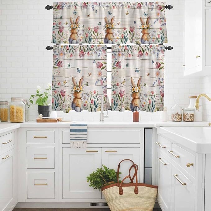 Kitchen Curtains Tiers and Valance Set of 3, Easter Light Filtering Window