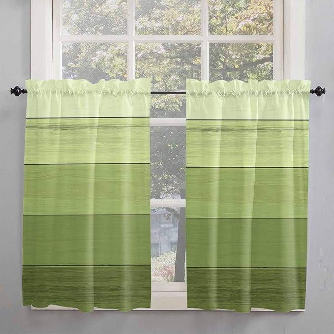 Gradient Green Wooden Board Window Valance Curtains, Retro Country Wood Grain