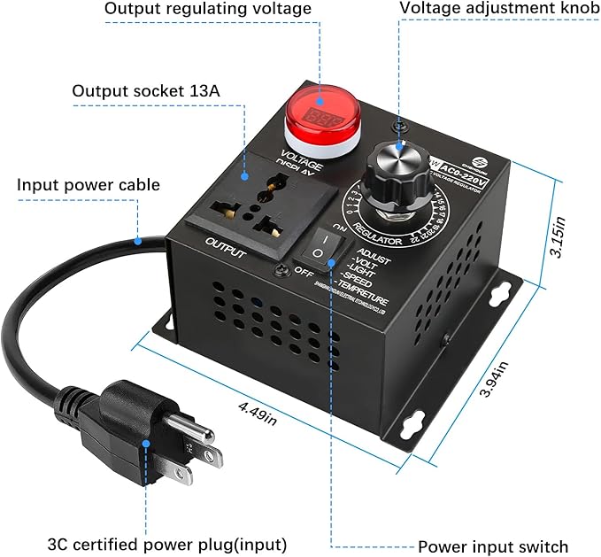 AC Variable Speed Controller, 120V~220V 15A 4000W SCR Voltage Controller for Router Fan Electric Motor Rheostat