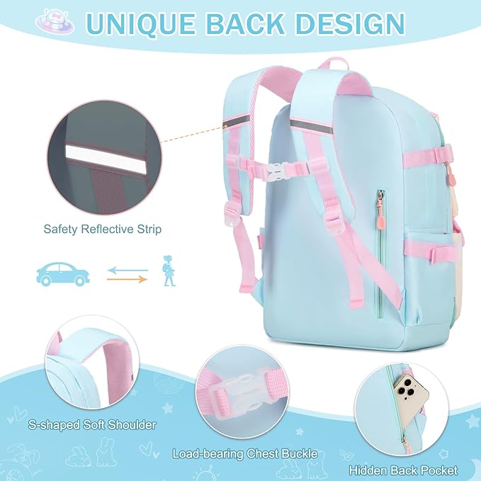 Girls Backpack Set, 3PCS Kids Backpack for Girls, Kawaii Bunny School Backpacks for Girl Kindergarten Elementary Preschool Middle School Bags with Lunch Box Pencil Case Aquamarine