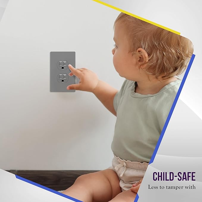 ENERLITES Screwless Duplex Wall Plate, Child Safe Receptacle Outlet Cover, Standard Size, 1-Gang 4.68" x 2.93", Unbreakable Polycarbonate Thermoplastic, UL Listed, SI8821-GY, Glossy, Gray