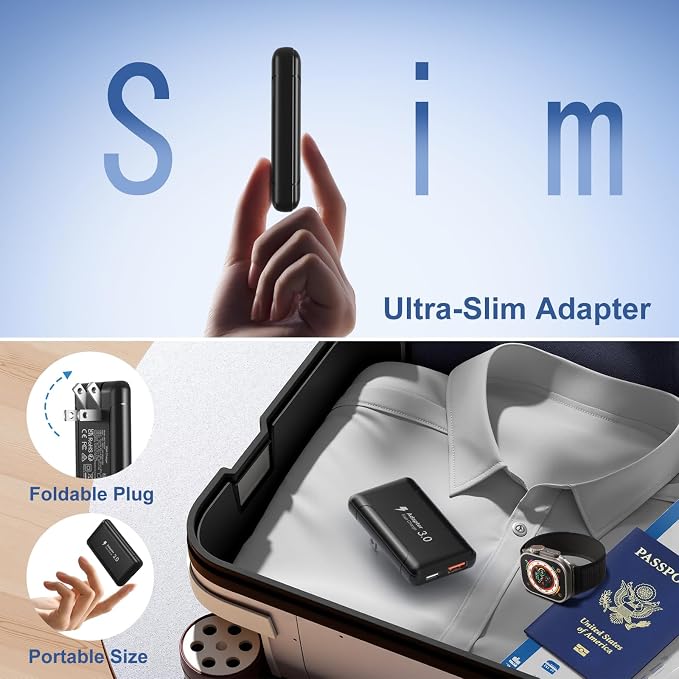 Slim Flat USB C Wall Plug OKRAY 50W Ultra-Thin&ampFoldable Dual USB Charger | PD30W USB-C+USB-A Fast Charging Block Multiport Travel Power Adapter for iPhone 17 Air 16 15 14 13 12 ProiPadGalaxy S2