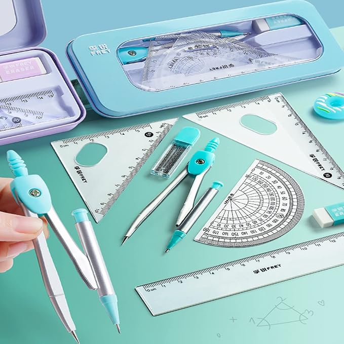 Math Geometry Kit Sets 7 Piece Student Supplieswith Shatterproof Storage Box, Compass for Geometry, Protractor Set, Geometry Kit, Drawing Tools, Drafting Set （Blue）