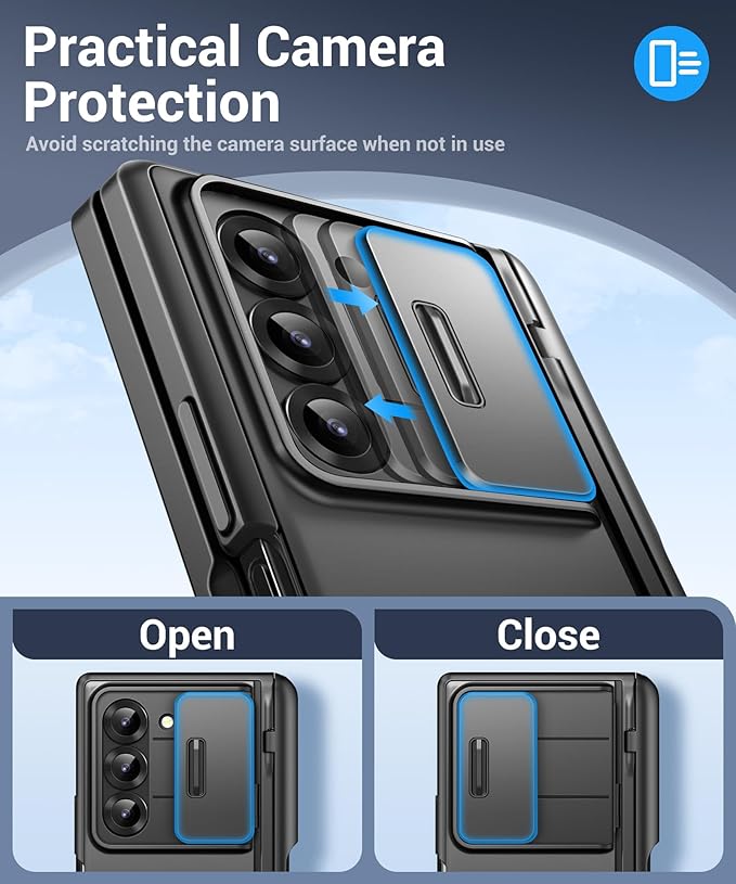 BERFY for Z Fold 7 Case with 9H Tempered Screen Protector, Military Grade Hidden Kickstand & Slide Camera Cover, Full Body Shockproof Slim Hard Phone Case for Samsung Galaxy Z Fold 7, Black