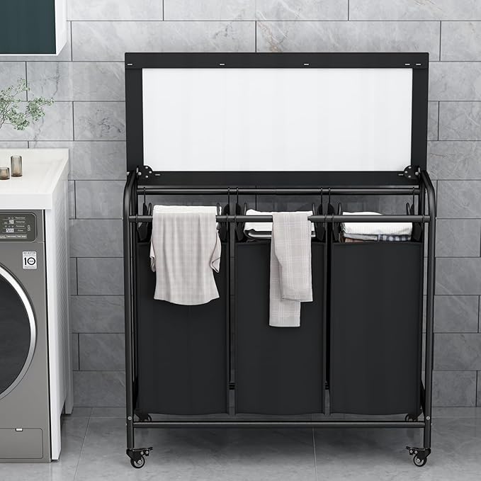 LINZINAR 3 Bag Laundry Basket Sorter Heavy Duty Rolling Lockable Wheels Laundry Hamper Cart with Ironing Board and Removable Bags, Black
