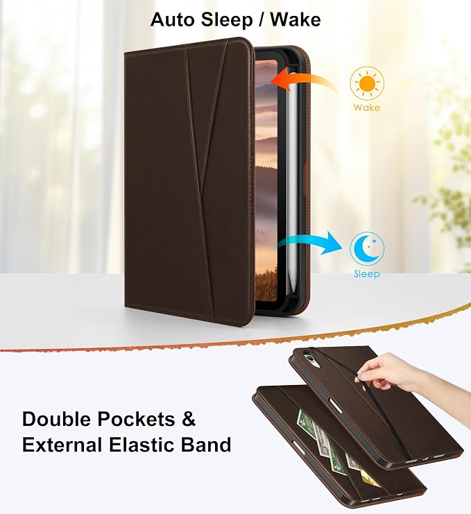 DTTO for iPad mini 7 A17 Pro 2024 aslo fit iPad mini 6 2021 Dark Brown | 360 Degree Rotating Premium Faux Leather Folio Stand Cover with Pencil Holder Auto Sleep/Wake Multiple Angles Hand Strap