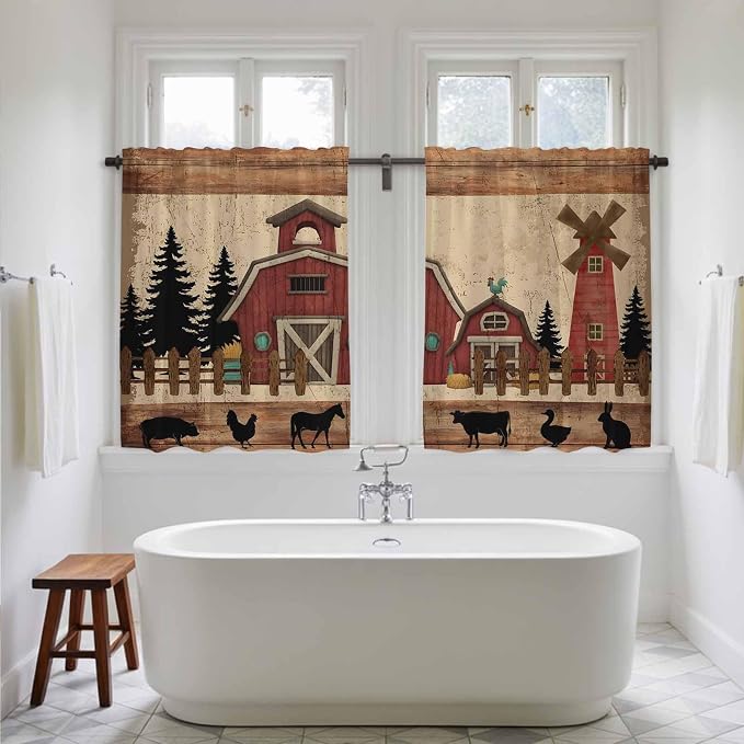 Brown Farmhouse Tier Curtains, Vintage Country Animals Wooden Grain Light