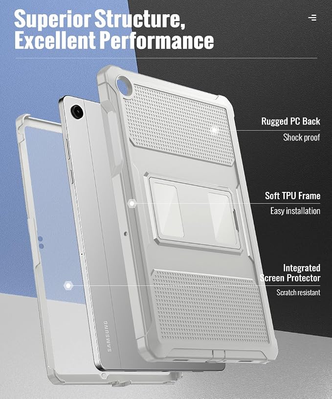 MoKo Shockproof Case Fit Samsung Galaxy Tab A11+ Plus/ A9+ 11 Inch | Full Body Rugged Stand Back Cover with Built-in Screen Protector for Galaxy Tab A11+/ A9+ Tablet Light Gray