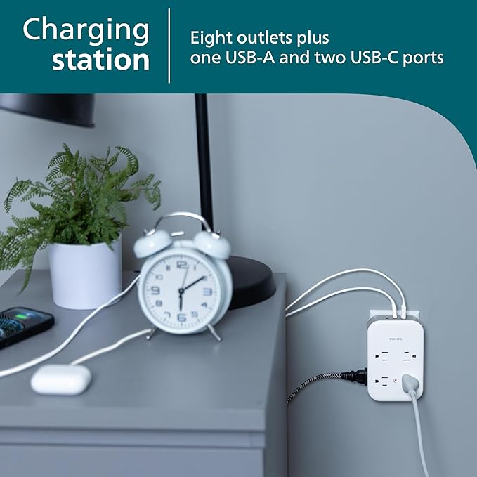 Philips All-in-One Surge Tap with USB, 4 Grounded & 4 Polarized Outlets, 2 USB-C & 1 USB-A Ports, 15W Shared, 1140 Joules, ETL Certified, White/Gray, SPP3453GW/37