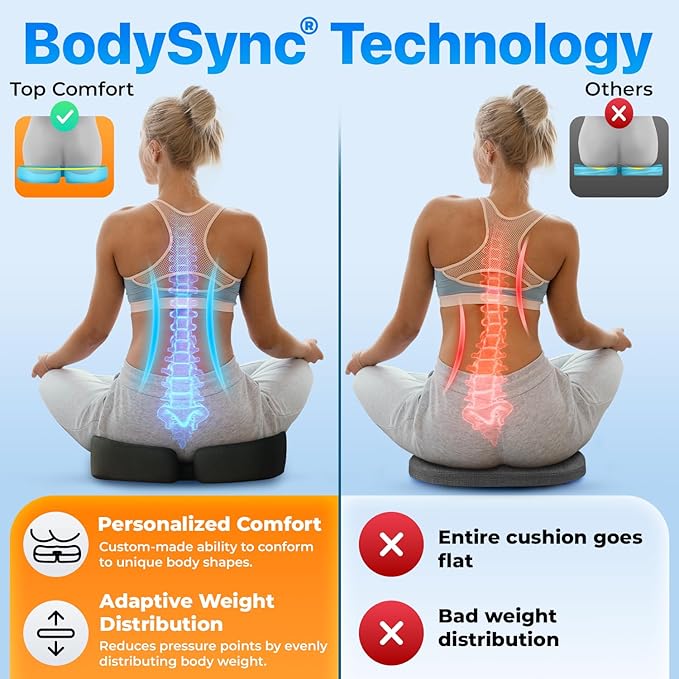 Seat Cushion, BodySync™ Technology with Non-Slip Gel & Memory Foam for Tailbone, Sciatica & Back Pain Relief, Office Chair Cushion, Car Seat Cushions for Driving (Black)