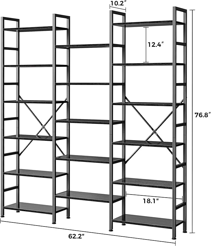 SUPERJARE Triple 6 Tier Bookshelf, Bookcase with 17 Open Display Shelves, Wide Book Shelf Book Case for Home & Office, Black