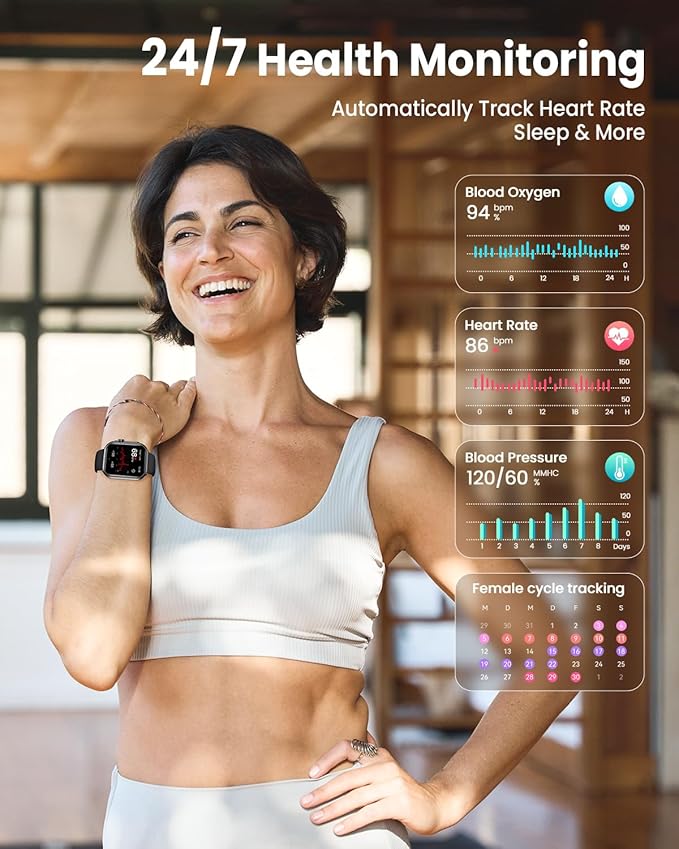 Smart Watch for Women Men Fitness: 1.85" Smart Watch with 30 Days+ Battery Life Make/Recive Call Heart Rate SpO2 Sleep Monitor 120+ Sport IP68 Waterproof Fitness Tracker Watch for iPhone Android Black