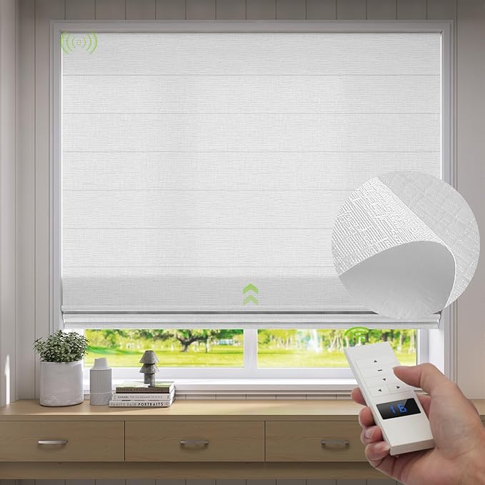 ZSTARR Smart Roman Shades Rechargeable Motorized Blinds with Remote Light Filtering Roman Window Shades Plain Fold Soft for Doors Bedroom, Custom Size (Light White)