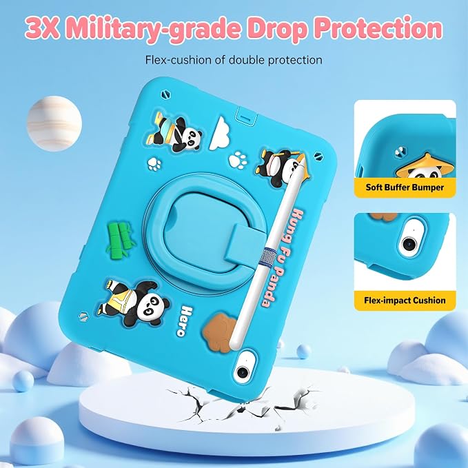 Case for iPad A16 11th Generation 11 Inch 2025 iPad 10th Generation 10.9 Inch 2022 Silicone 3D Panda Design Kids Case Heavy Duty Protection with Kickstand/Pencil Holder/Strap
