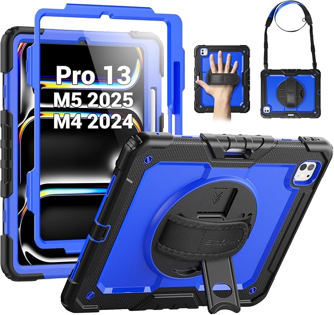 SEYMAC for iPad 9th/8th/7th Generation Case 10.2 2021-2019 Full-Body Shockproof Protective Case with Screen Protector Rotating Stand/Handle/Shoulder Strap for iPad 10.2 Blue/Black
