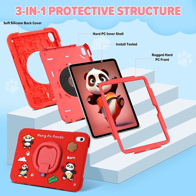 Case for iPad A16 11th Generation 11 Inch 2025 iPad 10th Generation 10.9 Inch 2022 Silicone 3D Panda Design Kids Case Heavy Duty Protection with Kickstand/Pencil Holder/Strap