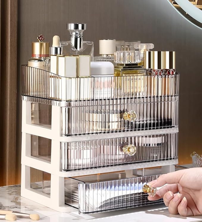 MIUOPUR Makeup Organizer with 3 Large Drawers, Countertop Organizer for Cosmetics, Ideal for Bathroom and Bedroom Vanity Countertops, Desk Storage Holder for Lipstick, Brushes and Nail Polish