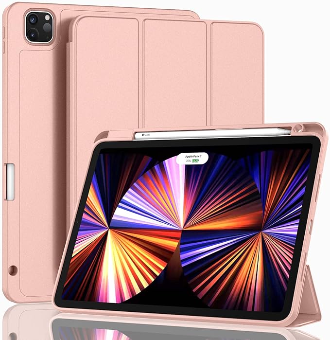 New iPad Pro 11 Inch Case 2022(4th Gen)/2021(3rd Gen)/2020(2nd Gen) with Pencil HolderSmart iPad Case [Support Touch ID and Auto Wake/Sleep] with Auto 2nd Gen Pencil Charging (Deep Pink)