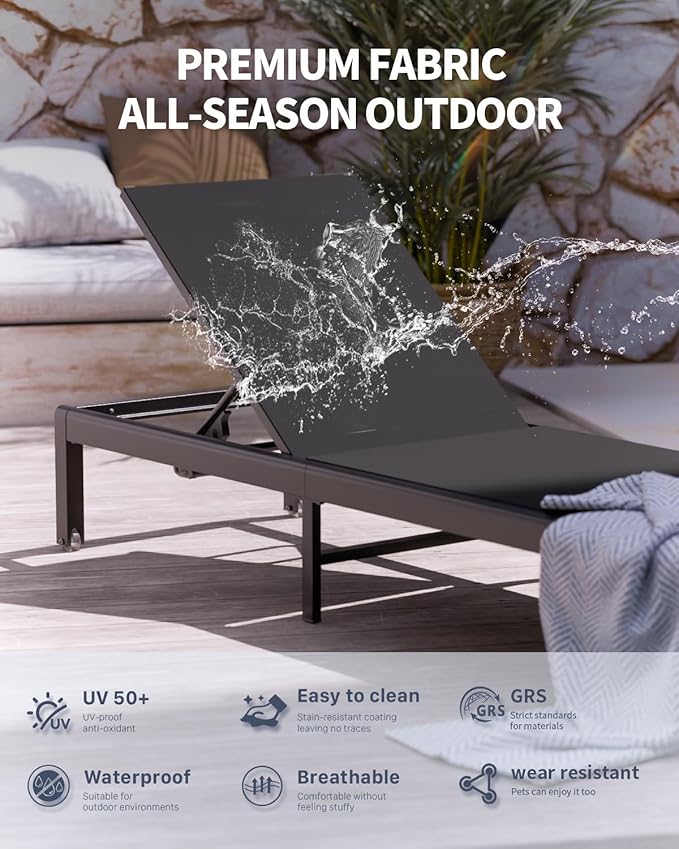 Aluminum Lounge Chairs Outdoor Chaise Furniture,2 Sets Patio Metal Deck Lounger Adjustable 5-Position Poolside Chase Recliner with Wheels for Beach,Coffee Table, (Black, 2 Chairs)