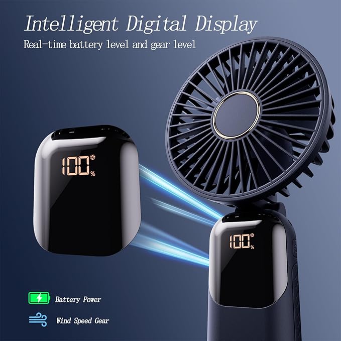 GOCKERA Portable Fan, 4200mAh Battery Operated Fan, 5 Speeds&Digital Display, Makeup Fans for Women with Base, 180°Foldable 3in1 Handheld/Neck/Desk Fan for Outdoor Indoor,Ultra Quiet (Blue)