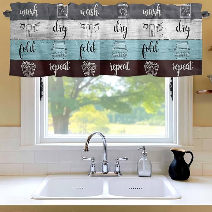 Laundry Rules Valances for Windows, Retro Blue White Wood Board Grain Kitchen