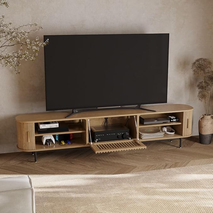 POVISON Fully-Assembled Mid Century Modern TV Stand for 85 inch TV, Sliding Door Entertainment Center with Storage, Wood TV Console, Media Console for Living Room Bedroom(Oak, 94.49")
