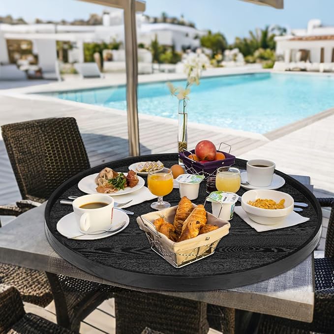 28 inch Round Solid Wood Serving Tray Extra Large Tea Coffee Snack Food Meals Serving Plate Non-Slip Kitchen Party Bar Server Ottoman Tray Breakfast Tray with Raised Edges Black