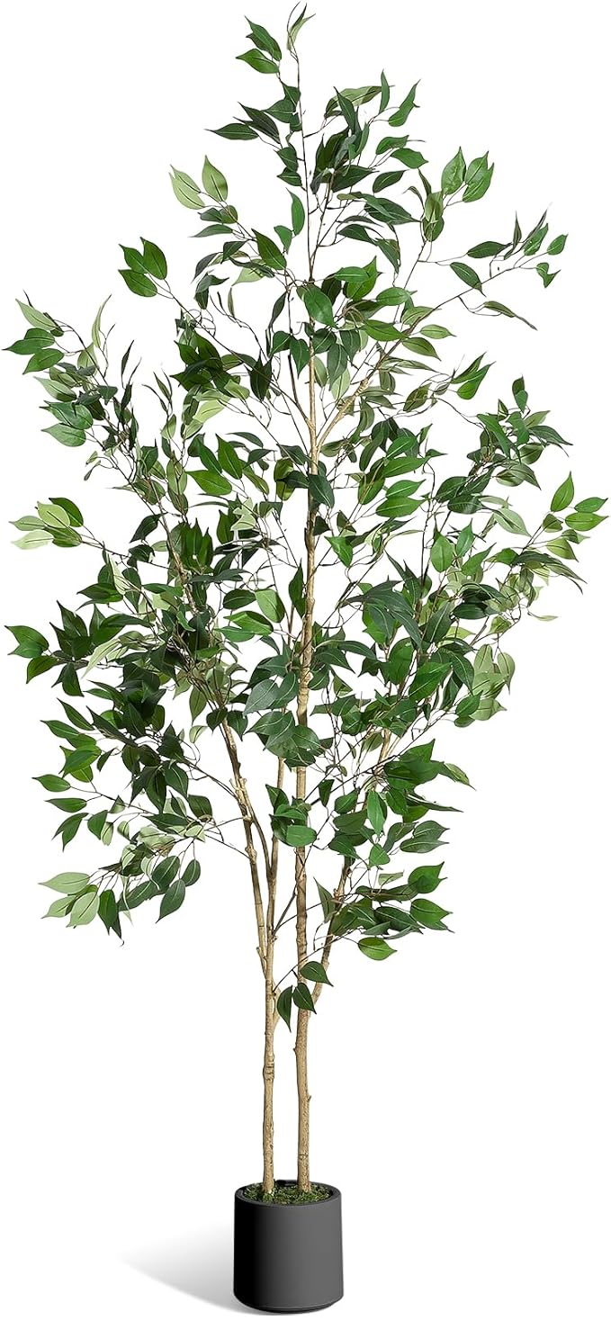 7FT Ficus Trees Artificial Indoor, Faux Silk Plant with Natural Wood Trunk and Lifelike Fruits, Black Imitation Ceramic Planter with Green Fake Moss for Modern Home Office Living Room Decor