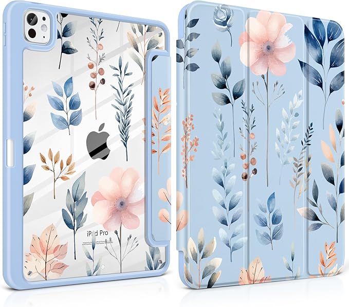 Case for iPad Pro 11 inch M5 2025 /M4 2024 Blue Ribbon Stripe | Blue Ribbon Stripe Folio Case with Clear Back Pencil Holder Trifold Stand and Auto Sleep/Wake for Preppy Aesthetic Users