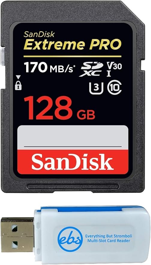 SanDisk 128GB SDXC Extreme Pro Memory Card Bundle Works with Olympus OM-D E-M10 Mark II, Pen E-PL9 Mirrorless Camera 4K V30 (SDSDXXY-128G-GN4IN) Plus (1) Everything But Stromboli TM Combo Card Reader